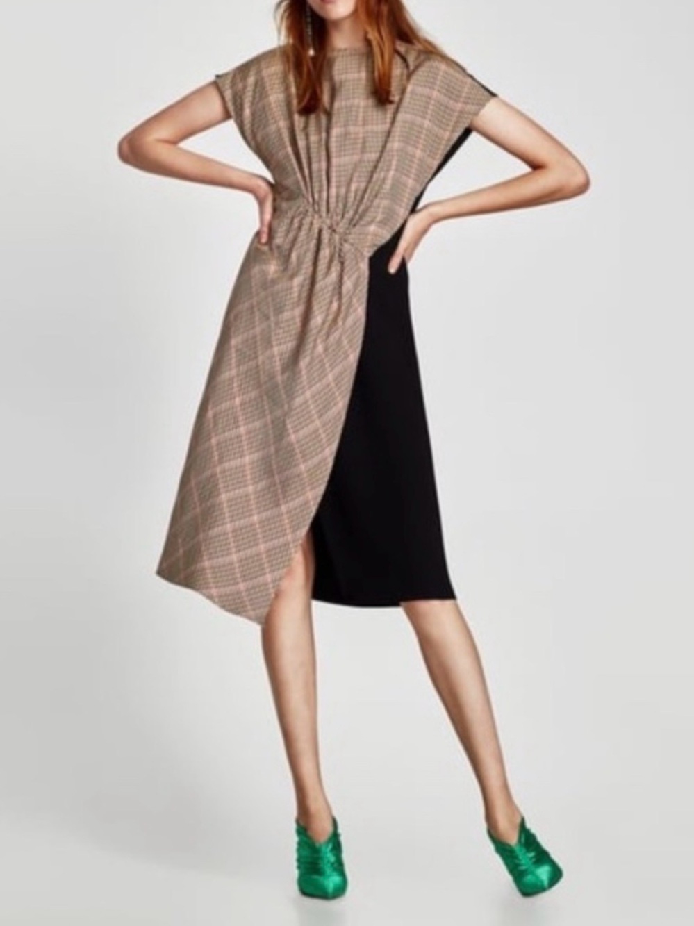 Zara Plaid & Black Asymmetrical Drawstring Dress